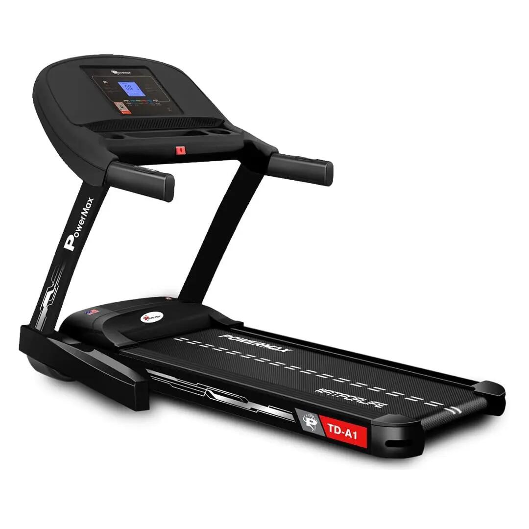 PowerMax Fitness TD-A1 (4 HP Peak) Motorised Foldable Auto-Incline Treadmill for Home User Wt. 115kg, Top Speed 14 kmph, Running deck 47.6 x 16.1inch, Speaker, Aux, LCD Display, Bluetooth -  1