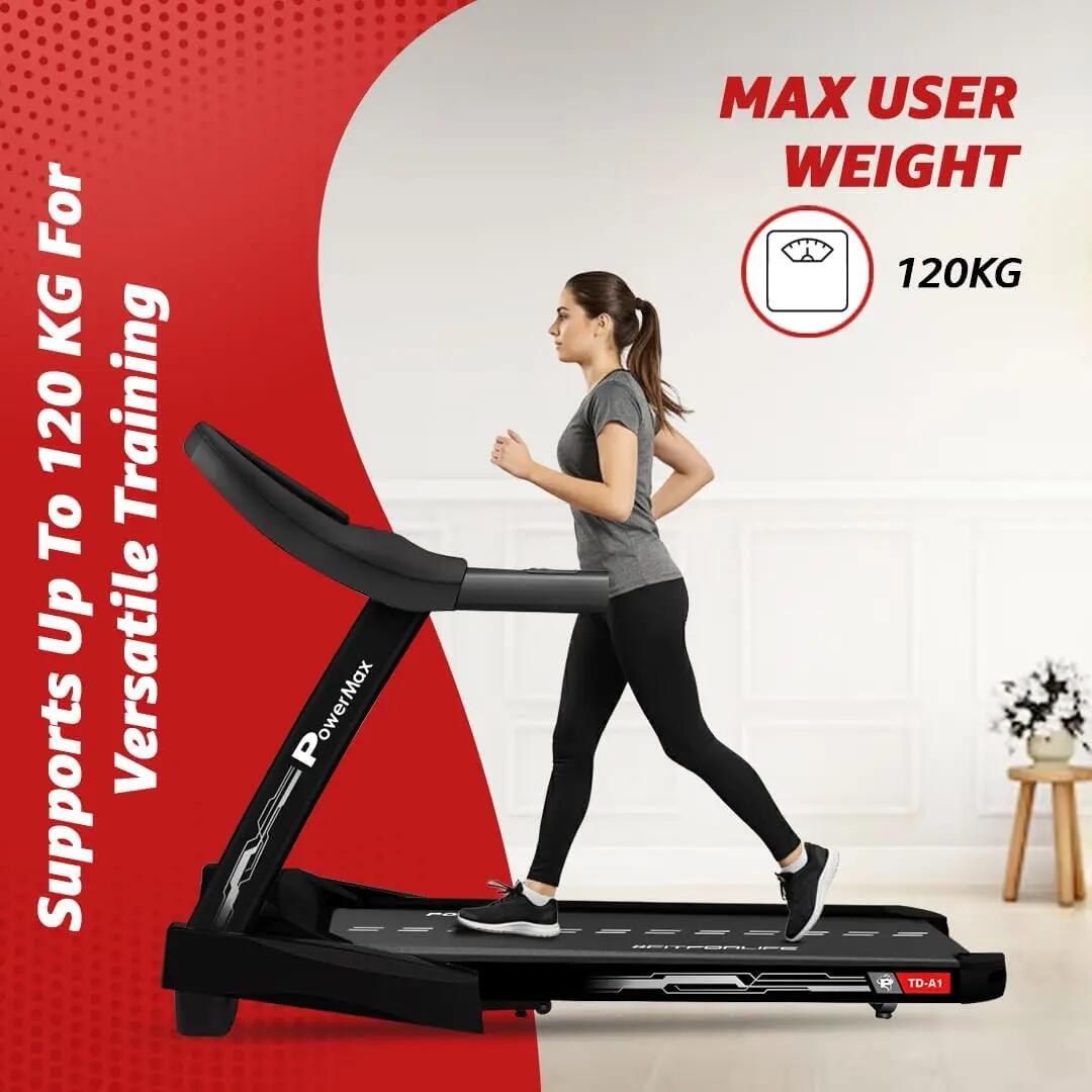 PowerMax Fitness TD-A1 (4 HP Peak) Motorised Foldable Auto-Incline Treadmill for Home User Wt. 115kg, Top Speed 14 kmph, Running deck 47.6 x 16.1inch, Speaker, Aux, LCD Display, Bluetooth -  5