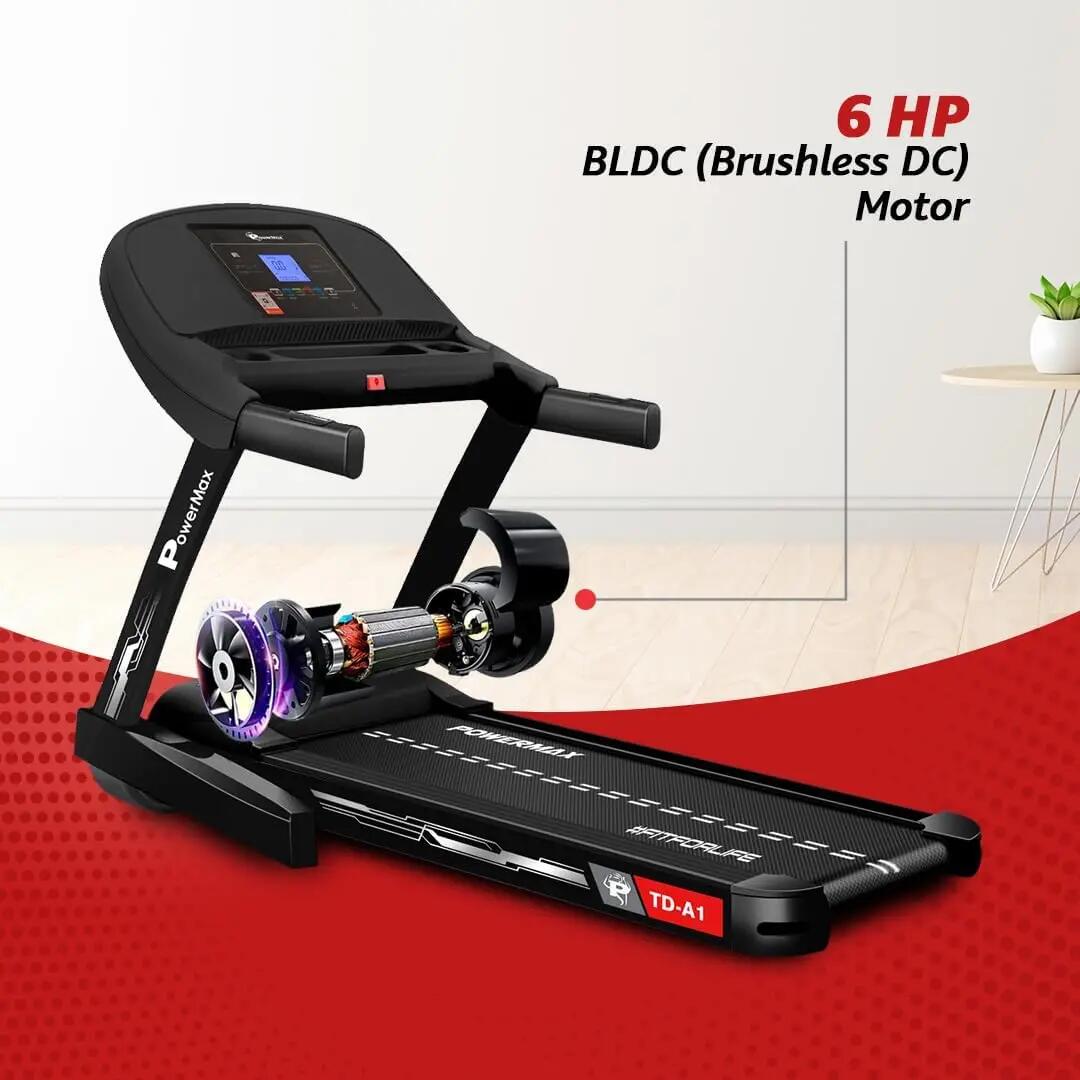 PowerMax Fitness TD-A1 (4 HP Peak) Motorised Foldable Auto-Incline Treadmill for Home User Wt. 115kg, Top Speed 14 kmph, Running deck 47.6 x 16.1inch, Speaker, Aux, LCD Display, Bluetooth -  3