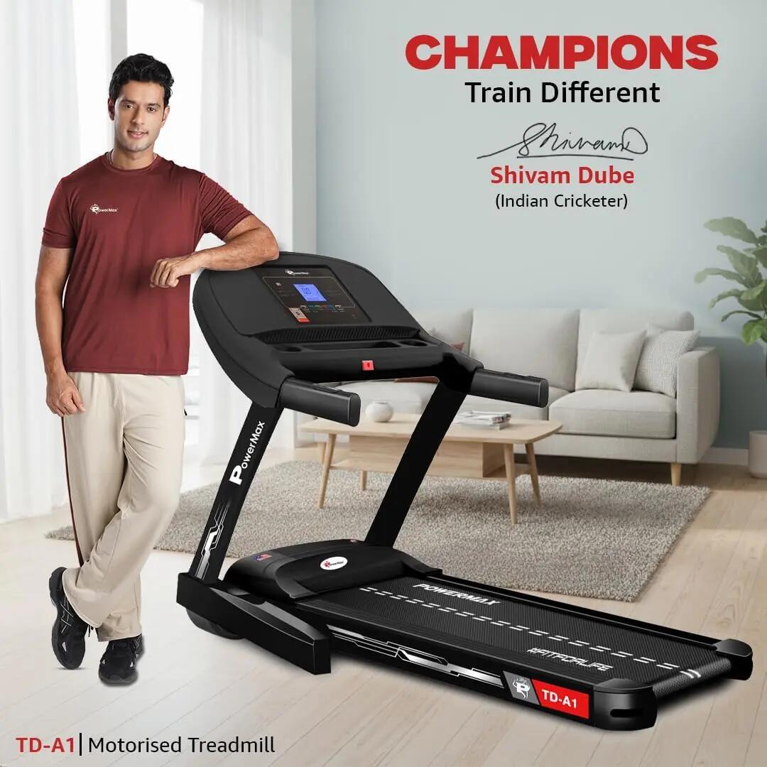 PowerMax Fitness TD-A1 (4 HP Peak) Motorised Foldable Auto-Incline Treadmill for Home User Wt. 115kg, Top Speed 14 kmph, Running deck 47.6 x 16.1inch, Speaker, Aux, LCD Display, Bluetooth -  2
