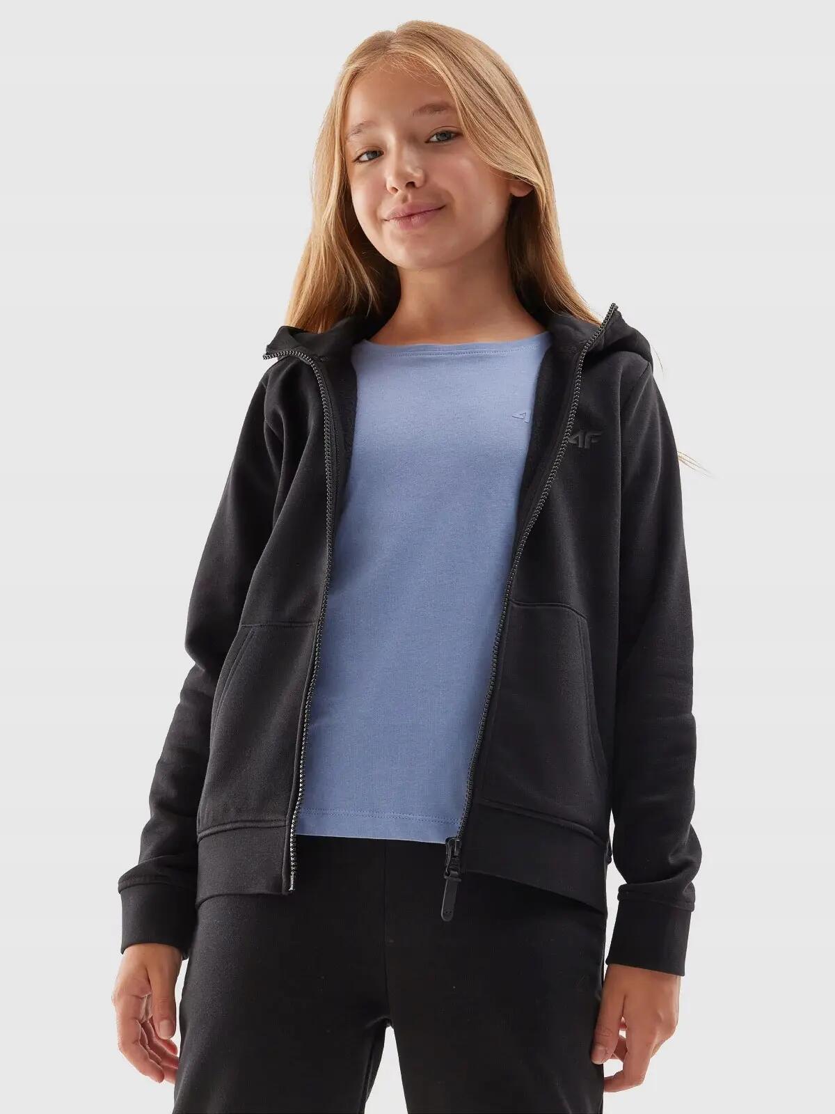 4F BLUZA DZIEWCZĘCA ROZPINANA Z KAPTUREM DRESOWA DZIECIĘCA CZARNA 3/10