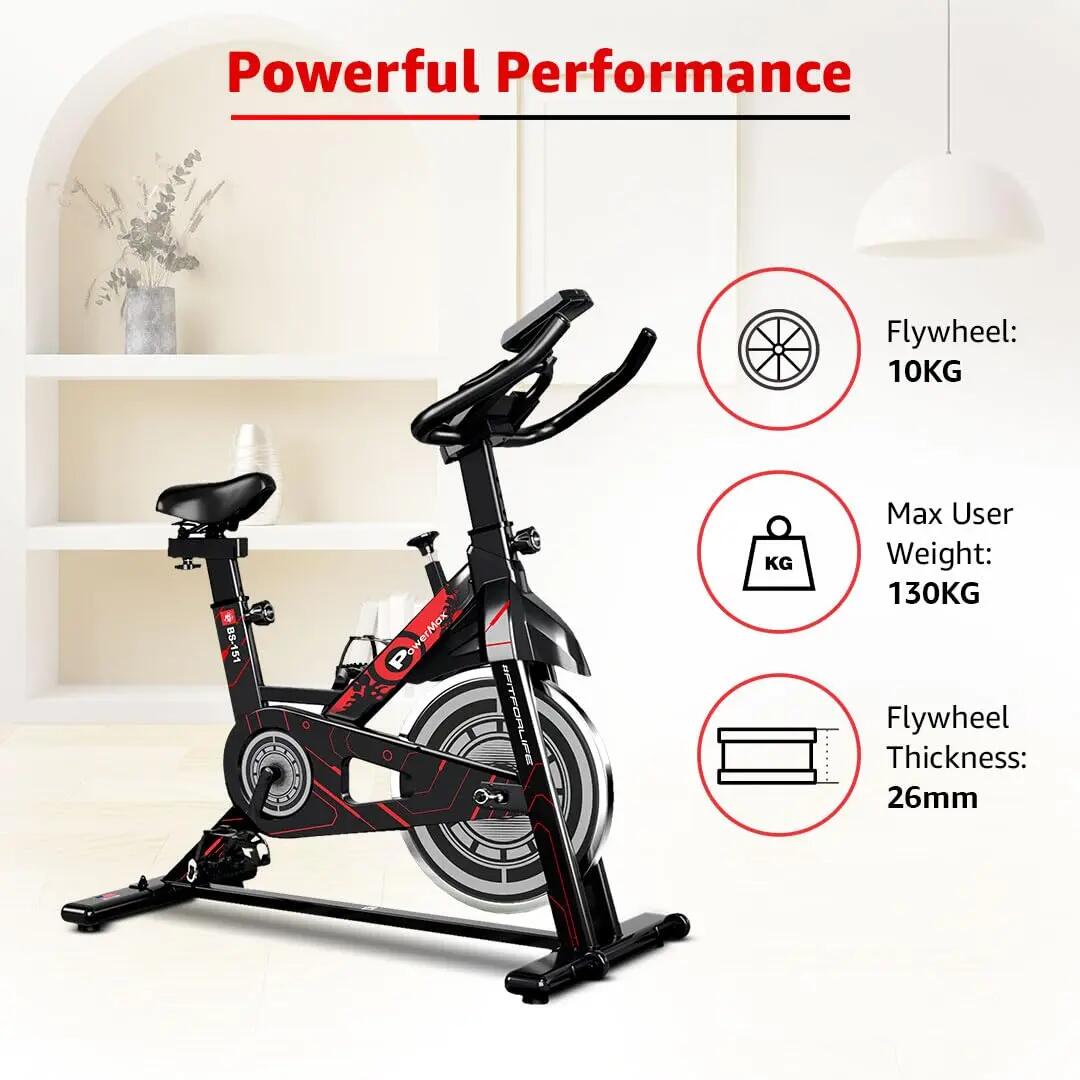 PowerMax Fitness BS-151 Spin Bike Exercise Cycle with 10KG flywheel, Max user wt. 130kg for maxpro home workout, 2-way adjustable seat, Knob braking, iphone holder, 1 Year Manufacturer Warranty. -  4