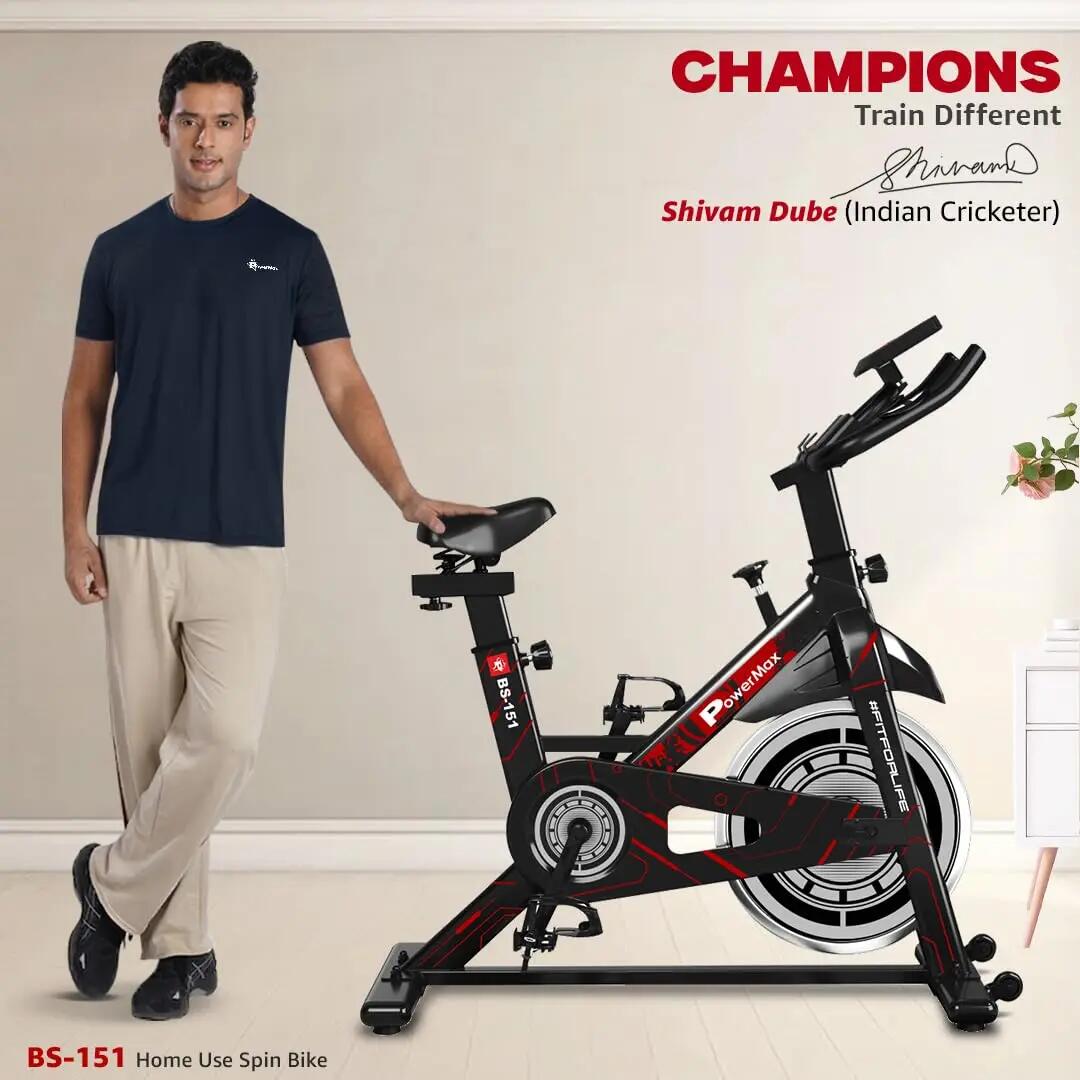 PowerMax Fitness BS-151 Spin Bike Exercise Cycle with 10KG flywheel, Max user wt. 130kg for maxpro home workout, 2-way adjustable seat, Knob braking, iphone holder, 1 Year Manufacturer Warranty. -  2