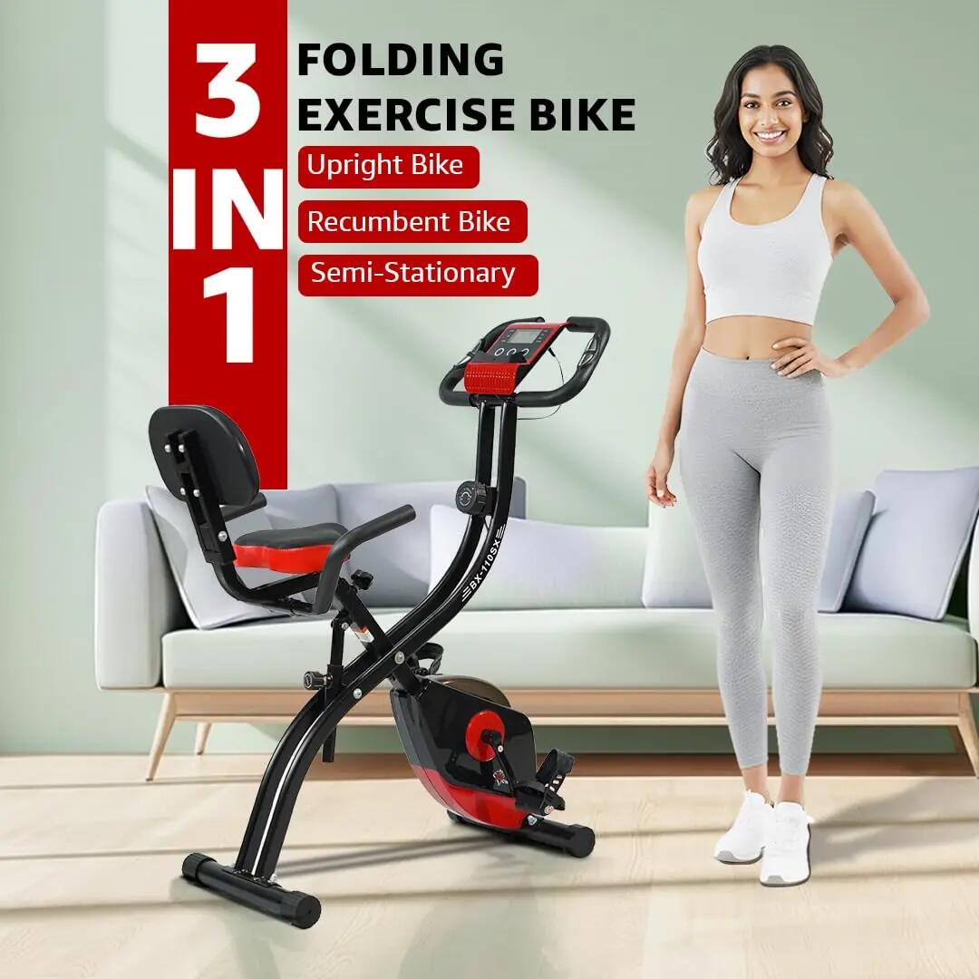 PowerMax Fitness BX-110SX Foldable X-Bike with 8-Level Magnetic Resistance, Backrest, Arm Rests & LCD Monitor for Home Workout -  3