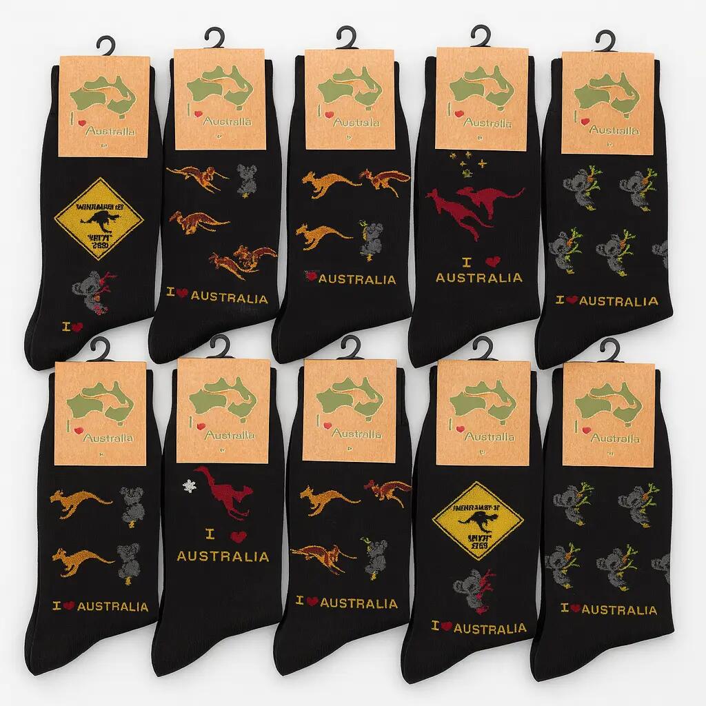 12 Pairs Australian Souvenir Cotton Socks Kangaroo/Koala/Flag (Size 6-11) in Ass