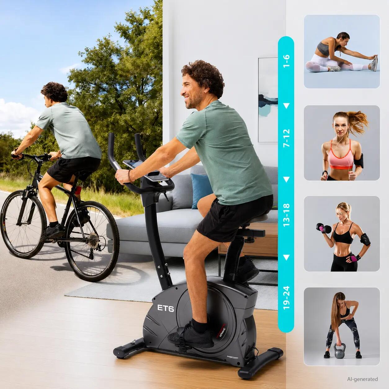 Heimtrainer Ergometer - bis 150kg + 200cm - inkl. Matte + Pulsgurt - ET 6 2/11