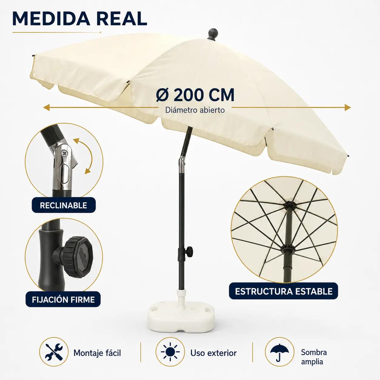 Sombrilla Terraza Exterior Reclinable 200 cm Beige con Bolsa de Transporte 5/5