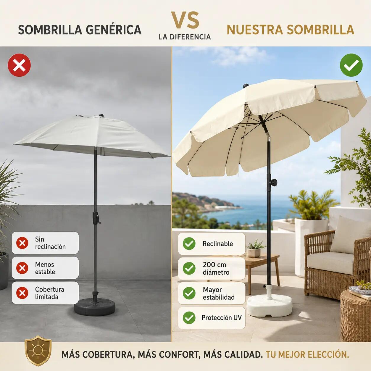 Sombrilla Terraza Exterior Reclinable 200 cm Beige con Bolsa de Transporte 4/5