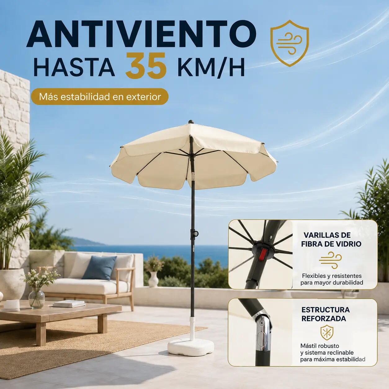 Sombrilla Terraza Exterior Reclinable 200 cm Beige con Bolsa de Transporte 2/5