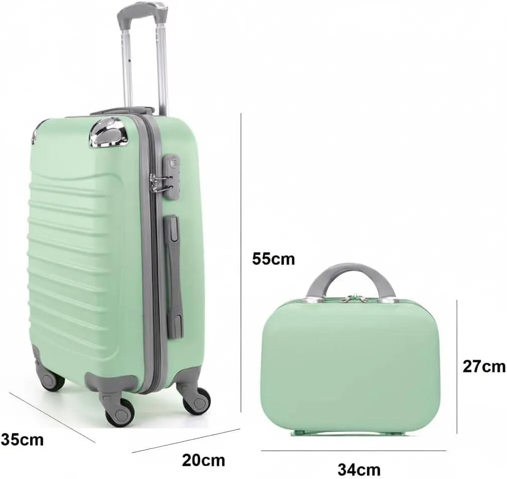 Mala com necessaire, 4 rodas giratórias 360º, 55x35x20cm e 34x27x14cm verde água 3/7