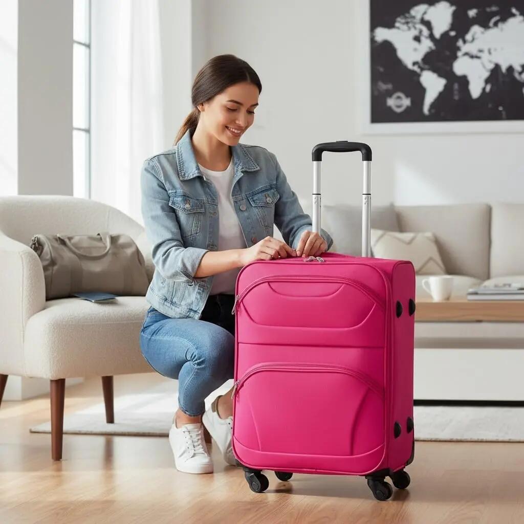 Maleta de Cabina Trolley de Tela 4 Ruedas Giratorias (Rosa) 3/7