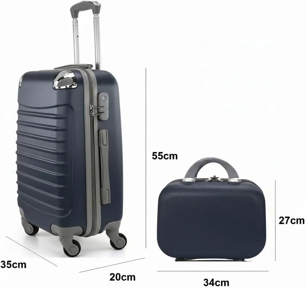 Mala com necessaire, 4 rodas, rotação 360º, 55x35x20cm, 34x27x14cm, azul marinho 3/6
