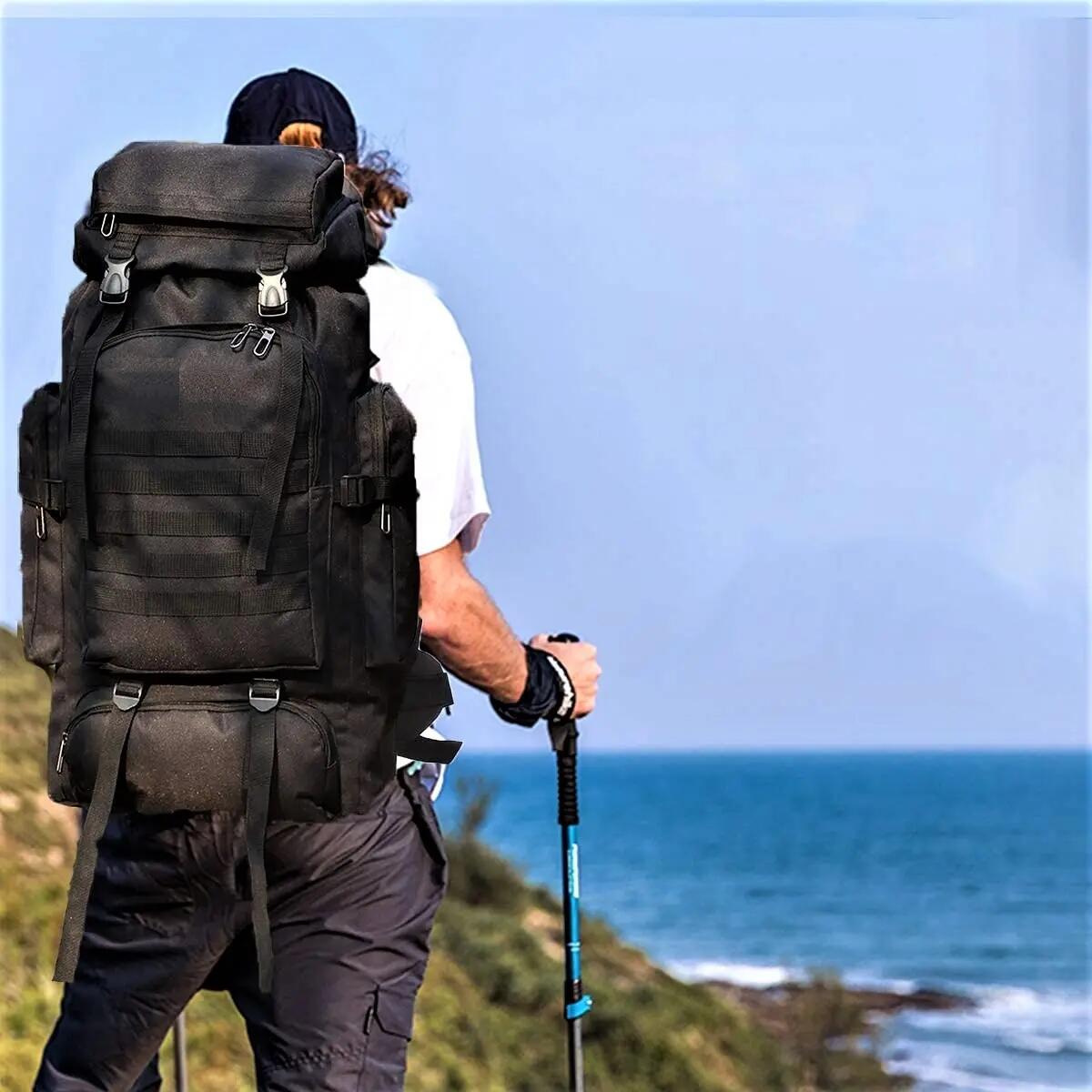Mochila preta impermeável de 80 litros para caminhadas, escalada e campismo. 7/7
