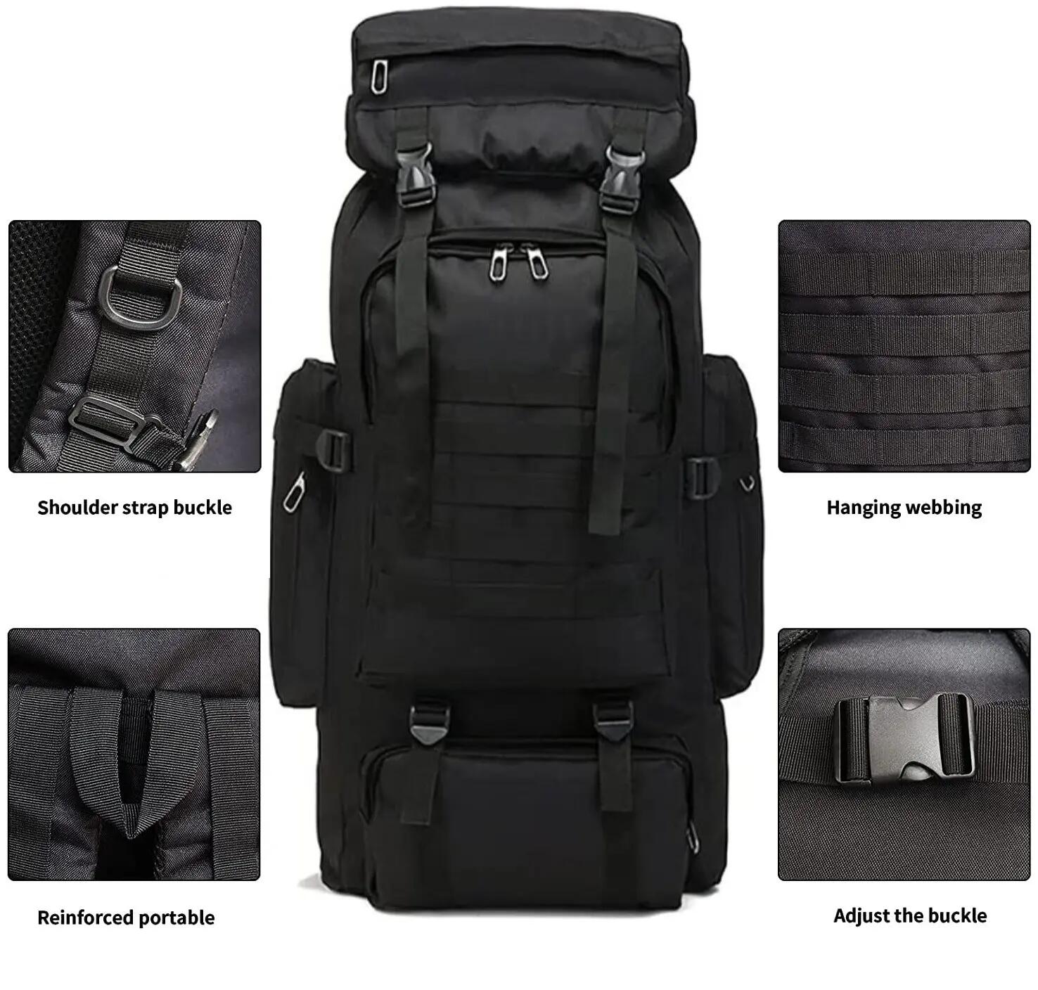 Mochila preta impermeável de 80 litros para caminhadas, escalada e campismo. 6/7