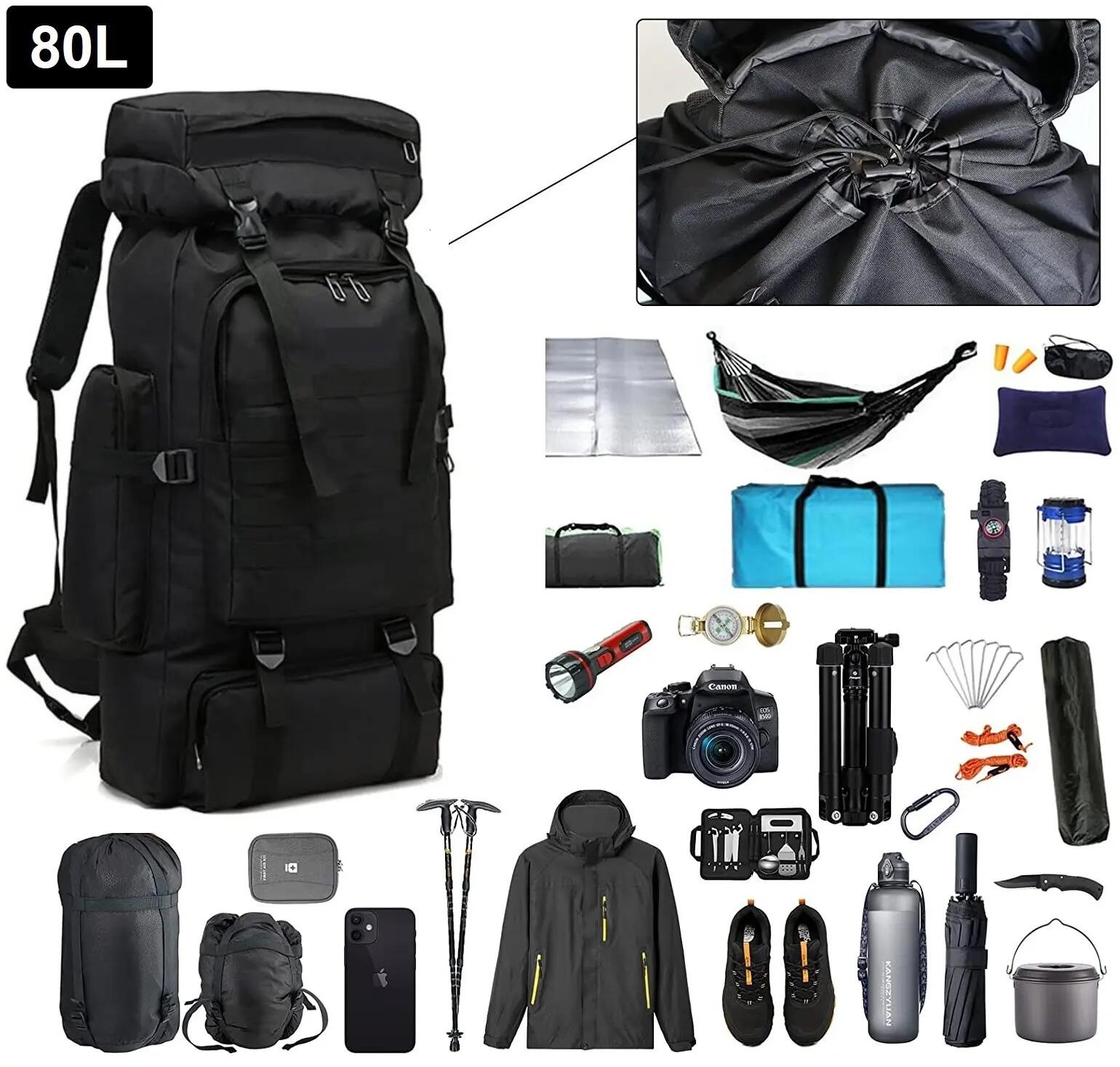 Mochila preta impermeável de 80 litros para caminhadas, escalada e campismo. 5/7