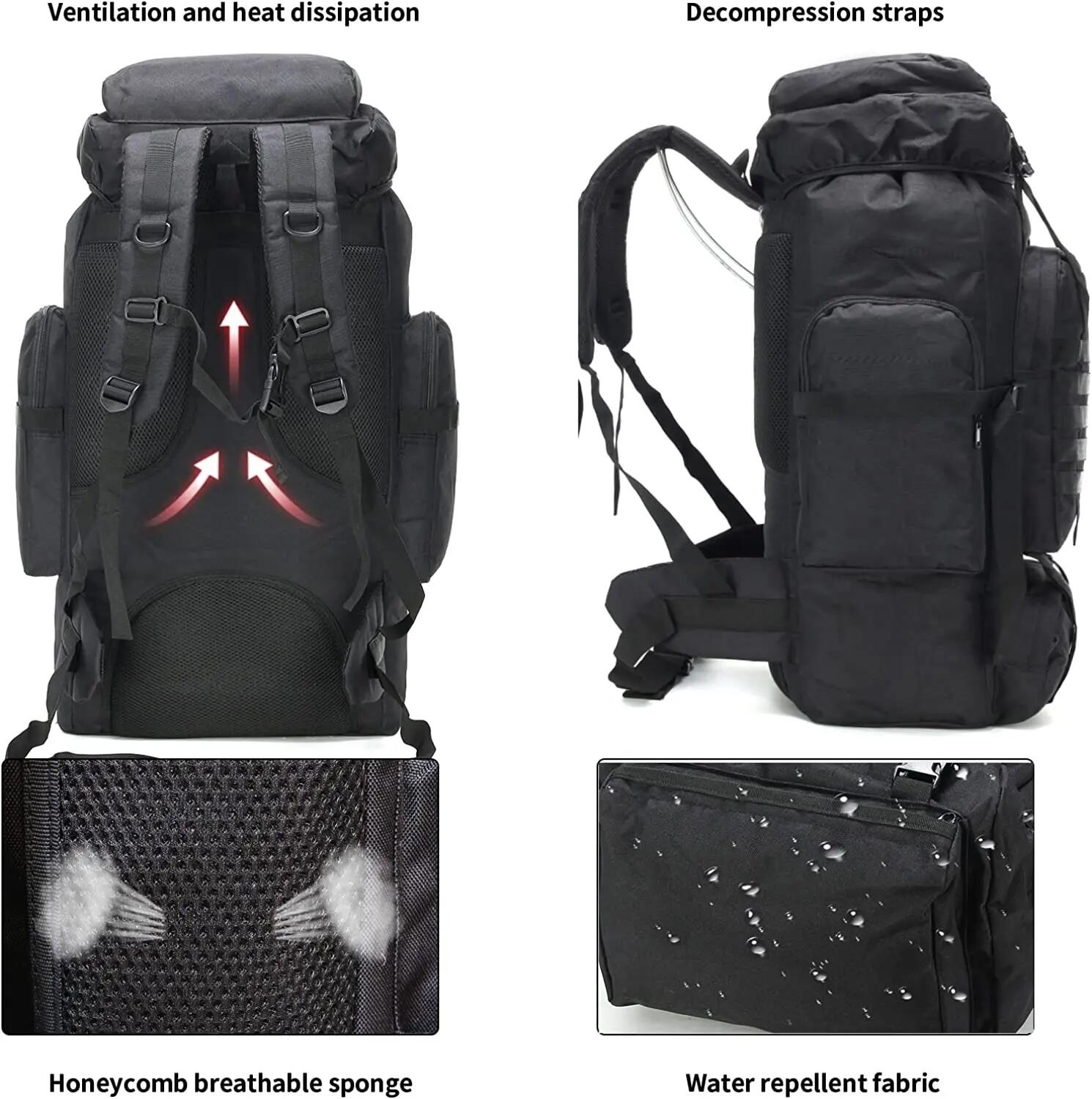 Mochila preta impermeável de 80 litros para caminhadas, escalada e campismo. 4/7