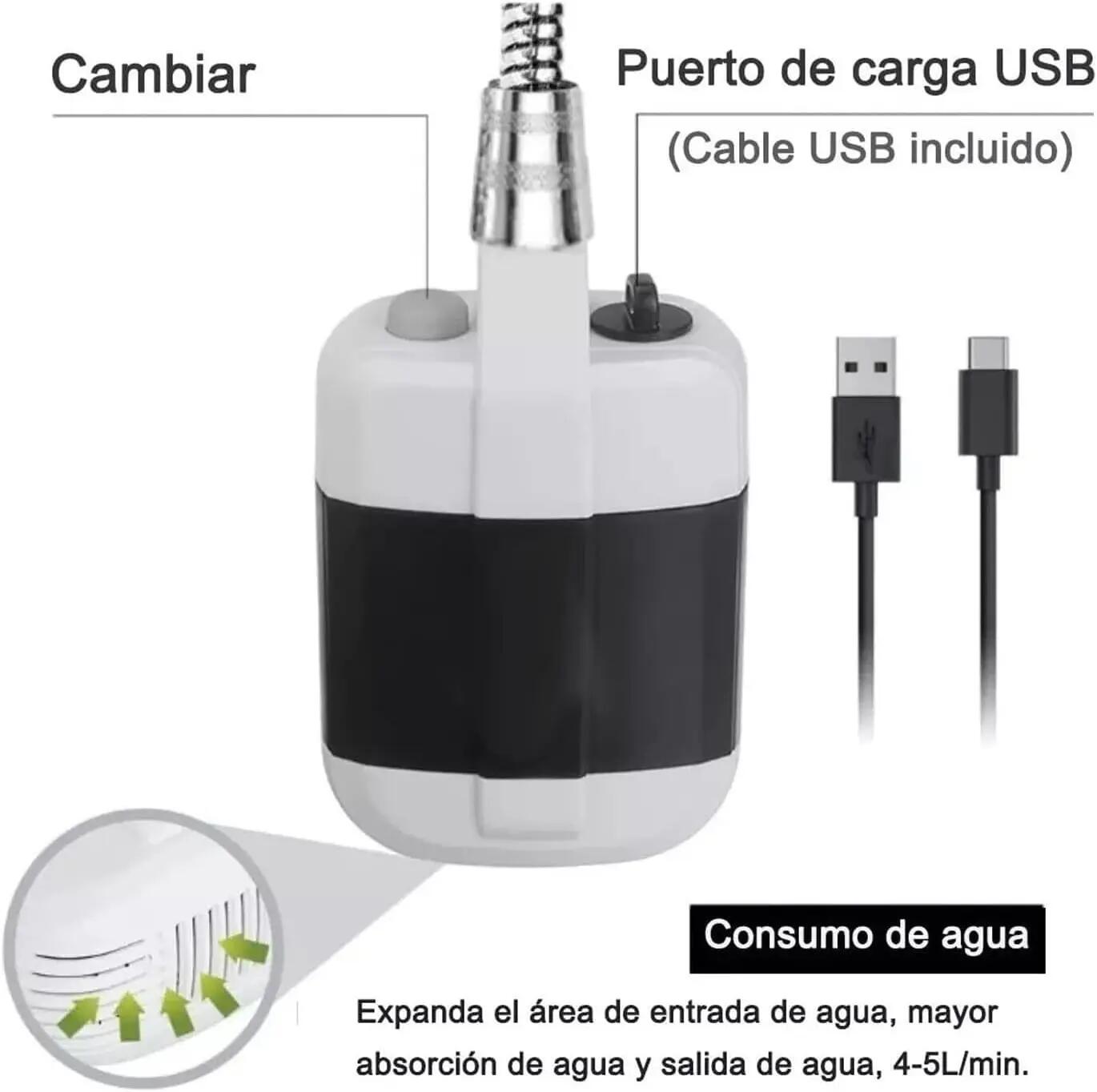 Chuveiro portátil com bomba elétrica. Com bateria interna recarregável via USB. 5/6
