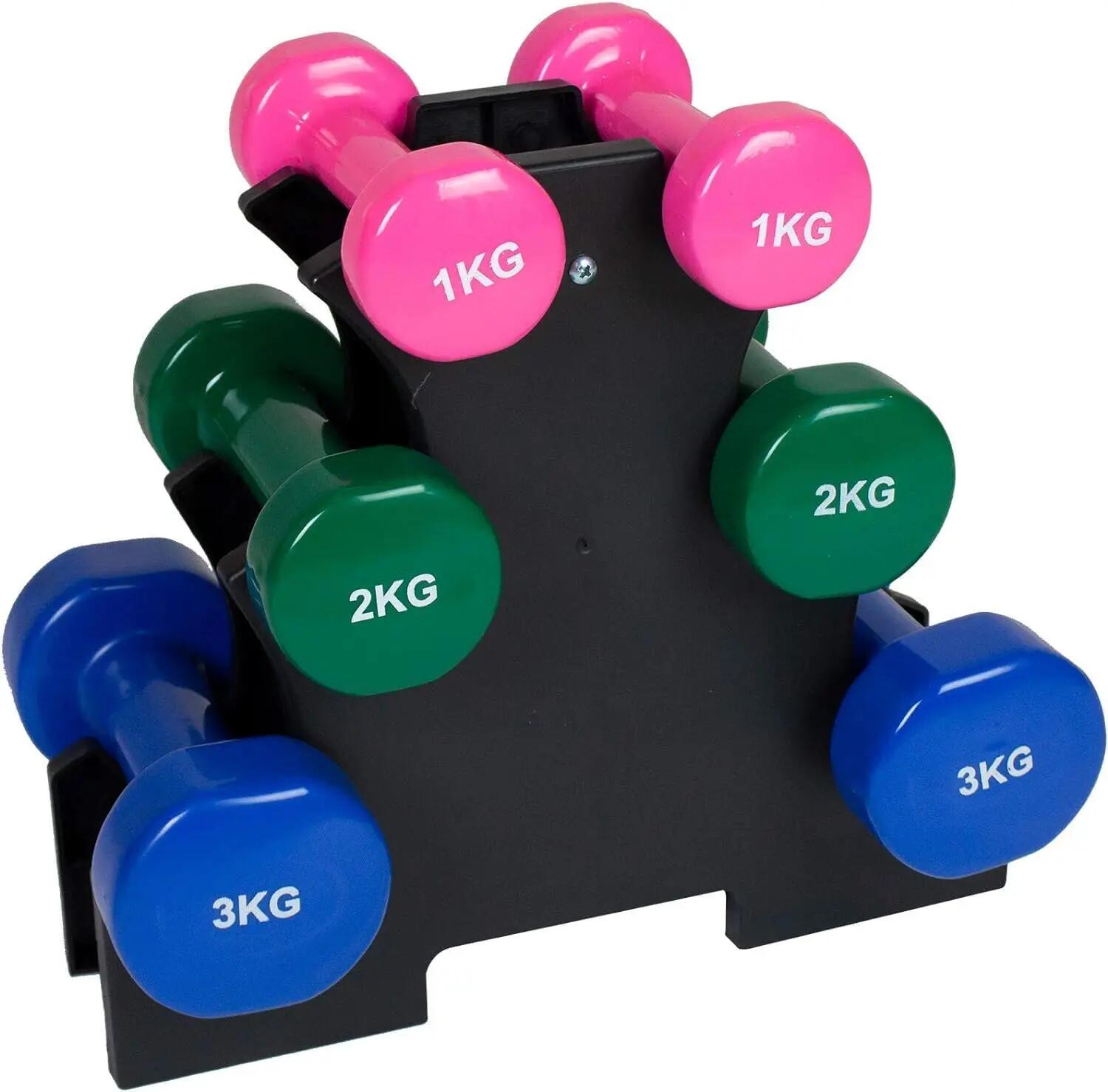 Set de 6 mancuernas 2x 1kg, 2x 2kg, 2x 3kg pesas con soporte 3/6