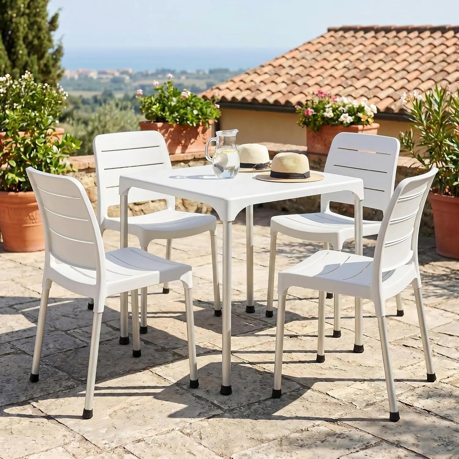 Mesa de Jardín Resina y Aluminio 70x70x72cm Exterior Desmotable (Blanco) 2/7