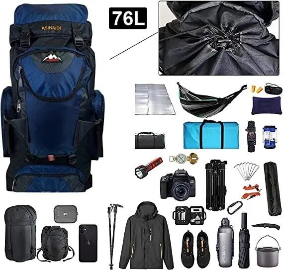 Mochila de Senderismo Camping Trekking 76L Impermeable Negro con Azul 6/7
