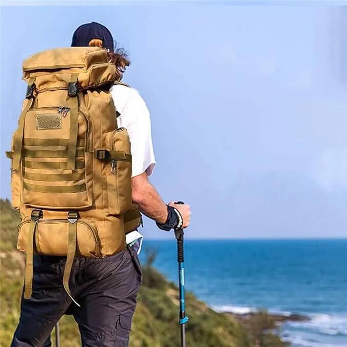 Mochila de caminhada para campismo, capacidade de 80 litros, bolsa impermeável. 5/7