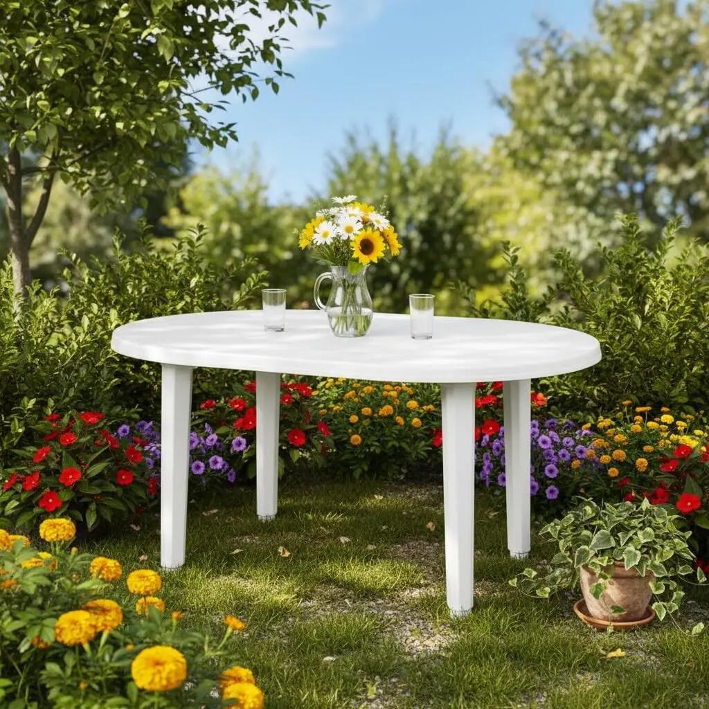 Mesa de Jardin Oval 130x90cm de resina Exterior desmotable portatil (Blanco) 4/6
