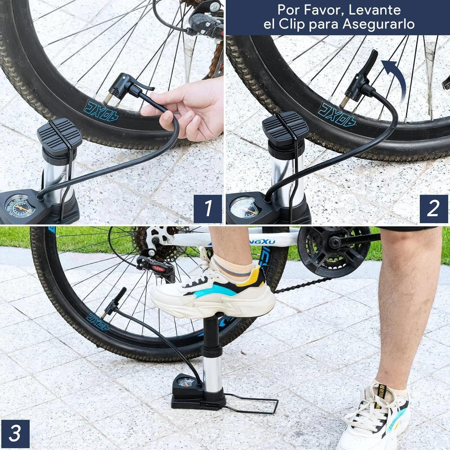 Bomba de bicicleta, bomba de pé portátil com manómetro para válvulas AV/DV/SV 7/7