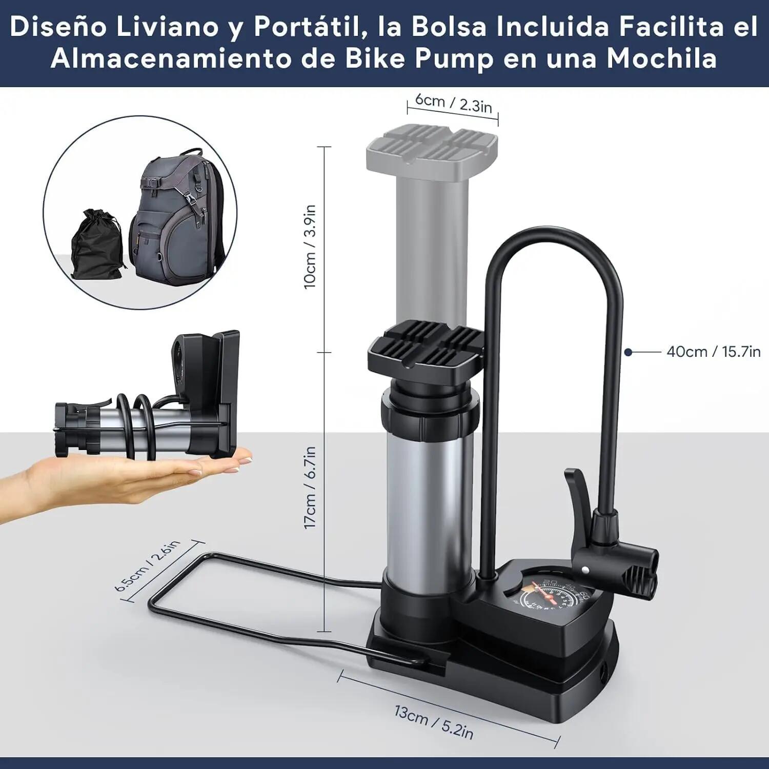 Bomba de bicicleta, bomba de pé portátil com manómetro para válvulas AV/DV/SV 3/7