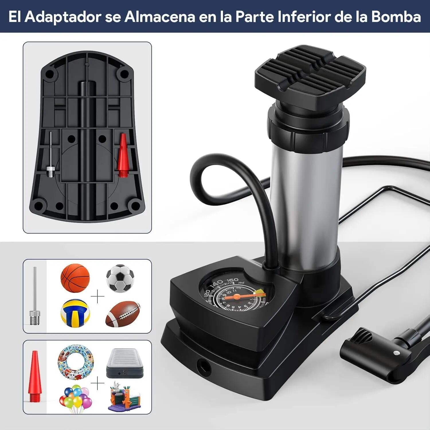 Bomba de bicicleta, bomba de pé portátil com manómetro para válvulas AV/DV/SV 2/7