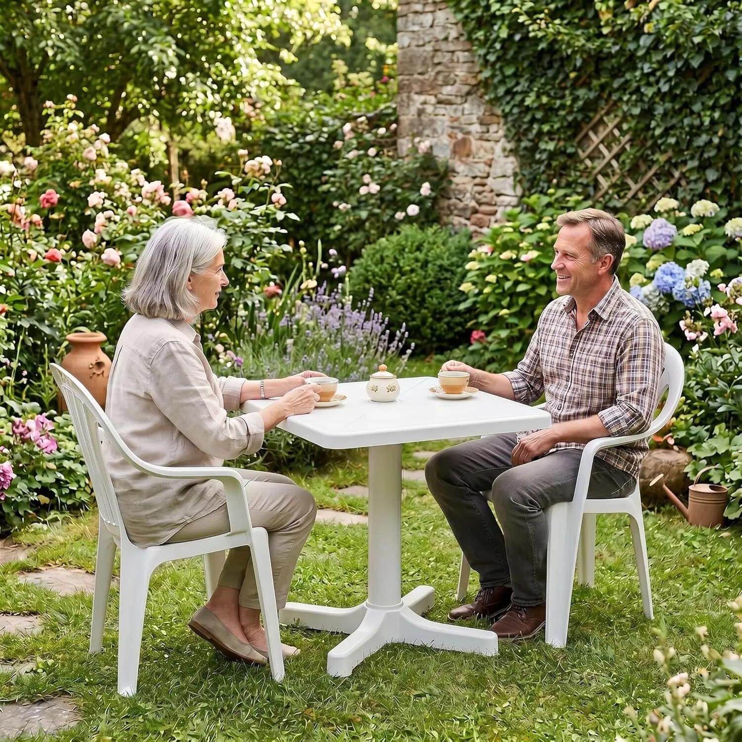 Mesa de Jardín Cuadrada resina Exterior desmotable 60x60x72 cm portátil (Blanco) 4/6