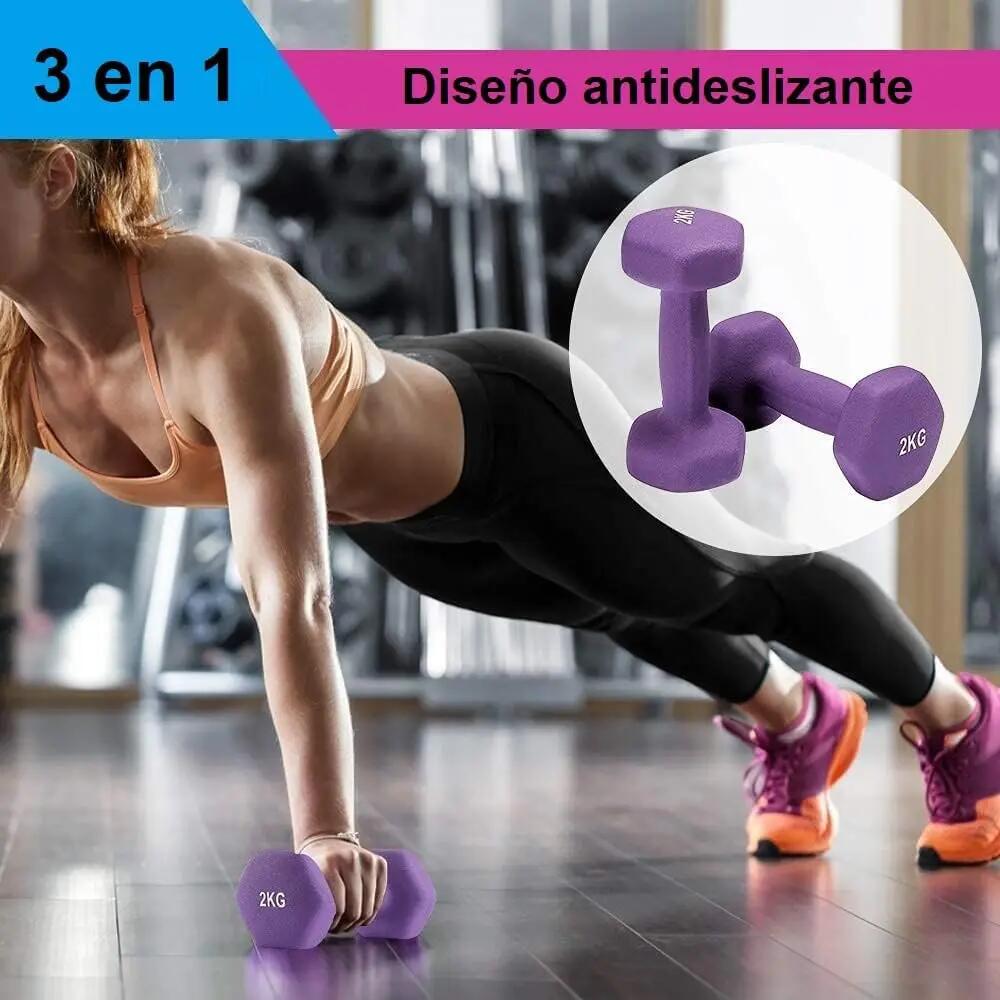 Set de 6 mancuernas 2x 1kg, 2x 1.5kg, 2x 2kg pesas con soporte 5/7