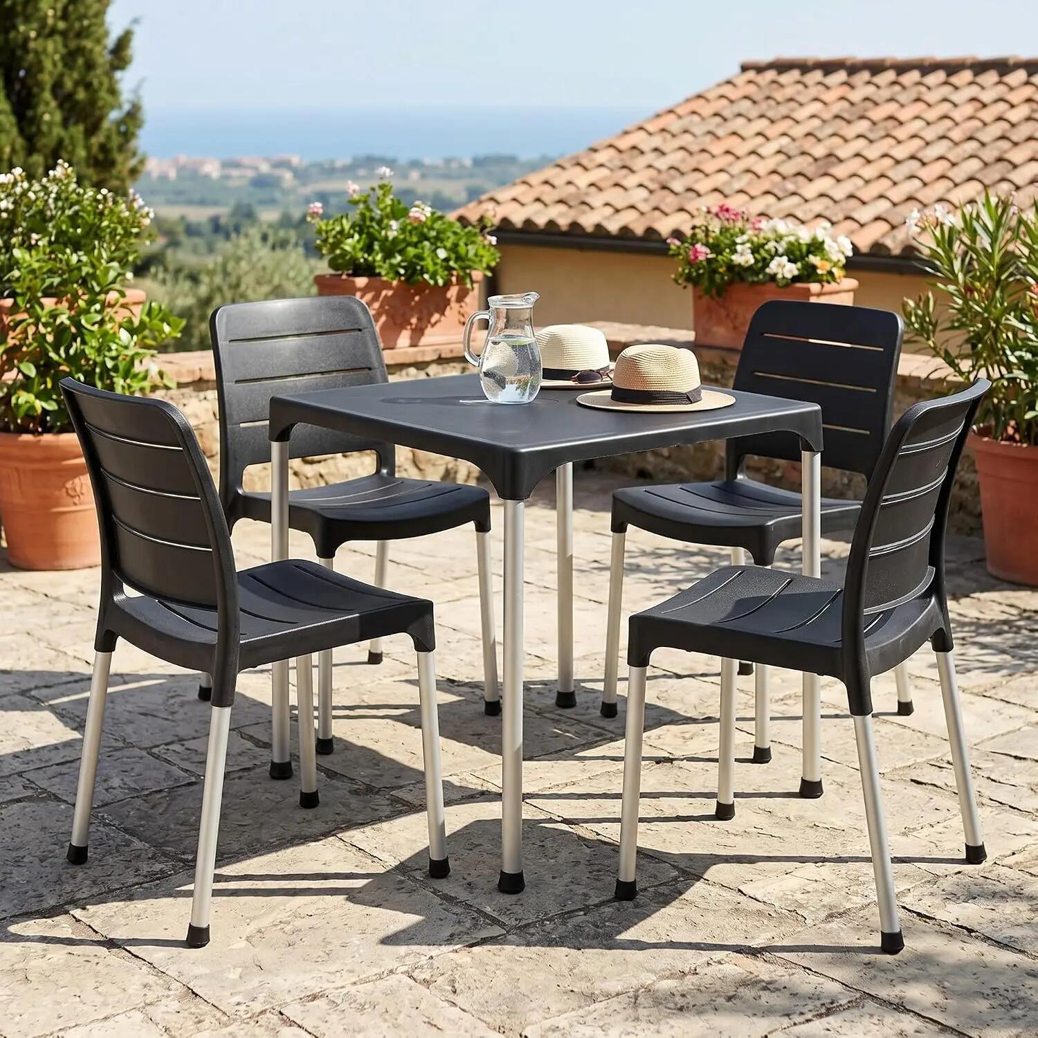 Mesa de Jardín Resina y Aluminio 70x70x72cm Exterior Desmontable Portátil, Negro 2/7