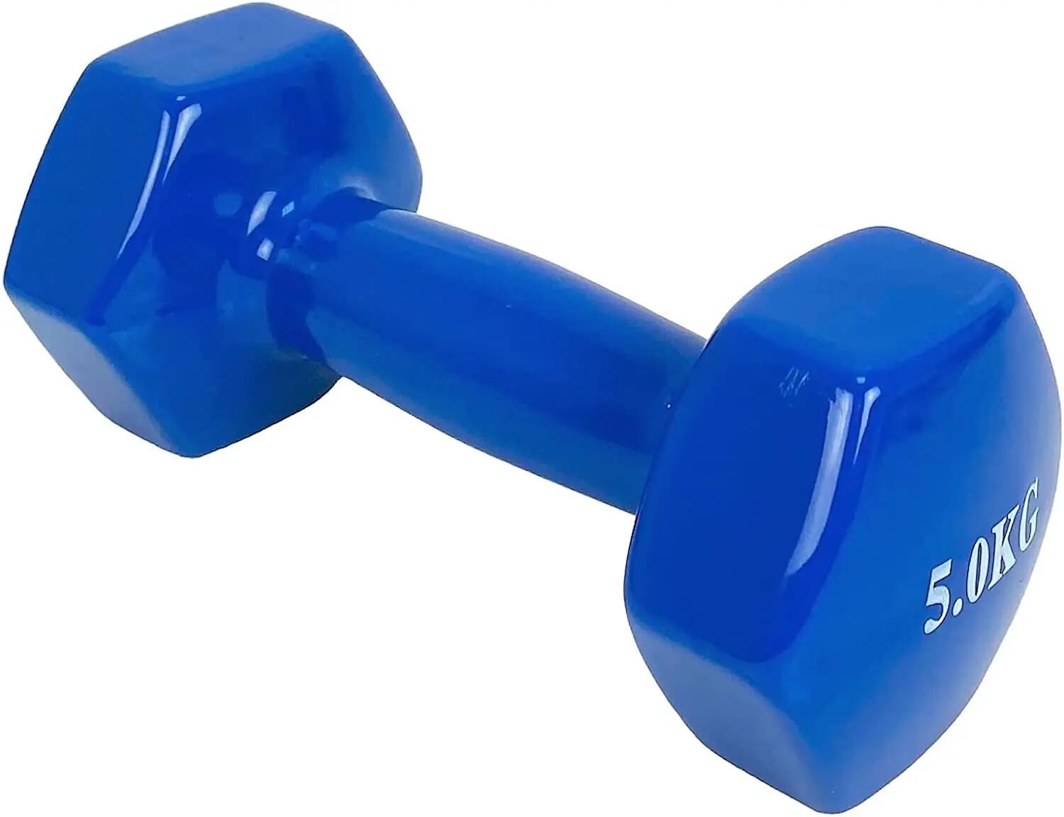 Mancuerna pesa de 5kg de acero cubierta en vinilo suave y antideslizante Azul 3/4