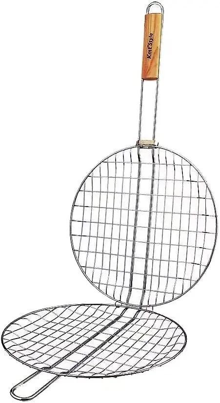 Grelha redonda para churrasco com cabo duplo em madeira (57x30x3cm) 4/7