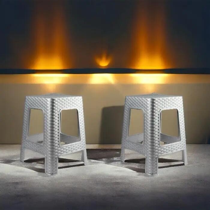 2X Taburete plástico ratán apilable para Interior y Exterior, 36x36x45cm (Plata) 5/5