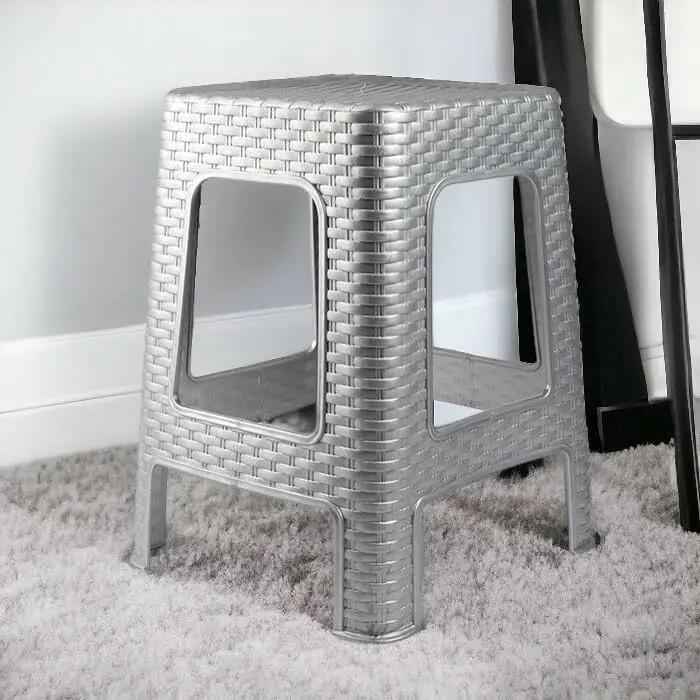 2X Taburete plástico ratán apilable para Interior y Exterior, 36x36x45cm (Plata) 4/5