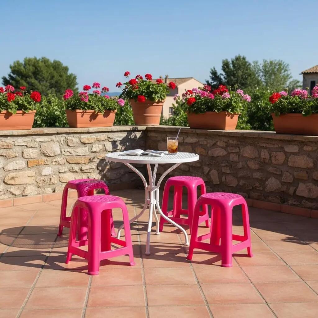 4X Taburete Silla de plástico Asiento apilable Banco jardín Camping  (Fuscia) 4/5