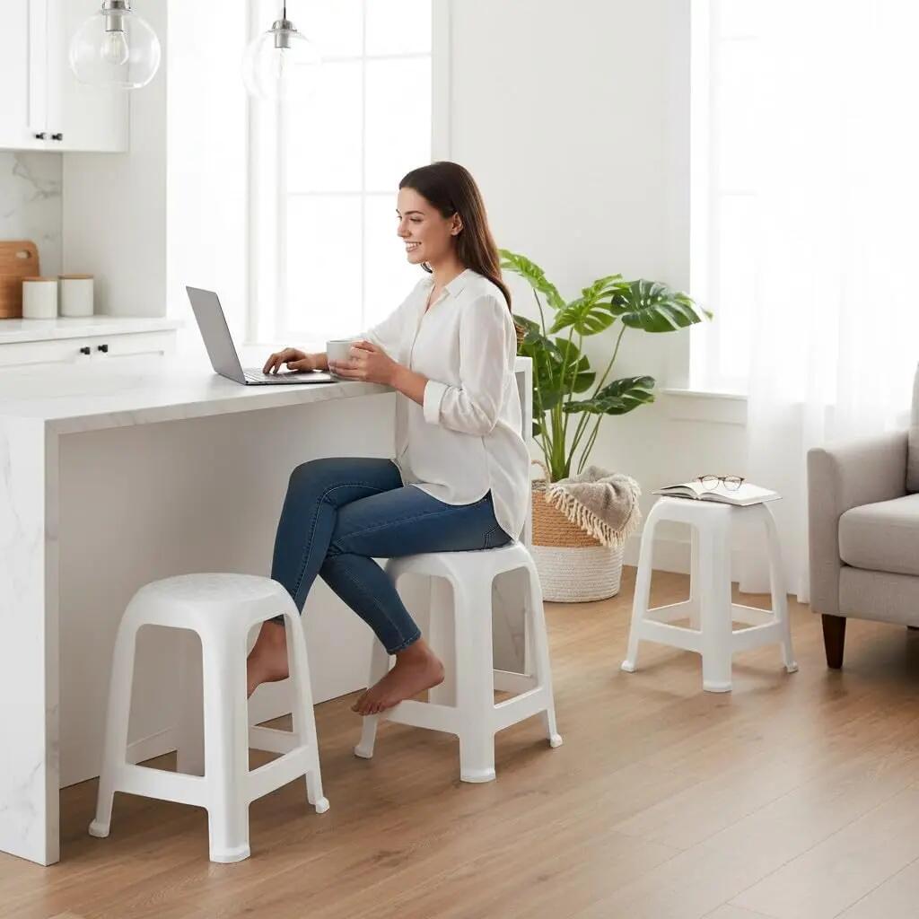 2X Taburete Silla de plástico Asiento apilable Banco (2X Blanco) 2/6