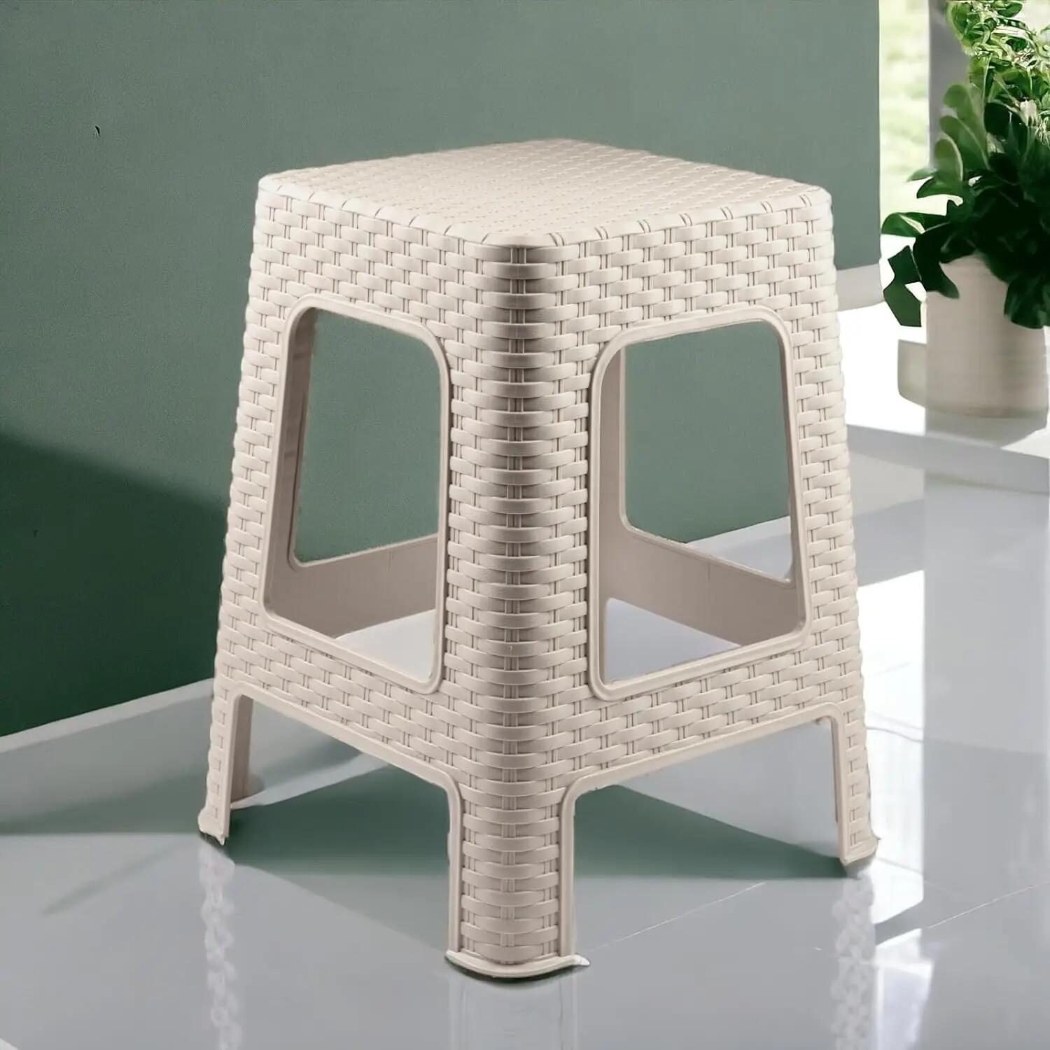 4X Taburete plástico ratán apilable para Interior y Exterior 36x36x45cm (Beige) 5/5