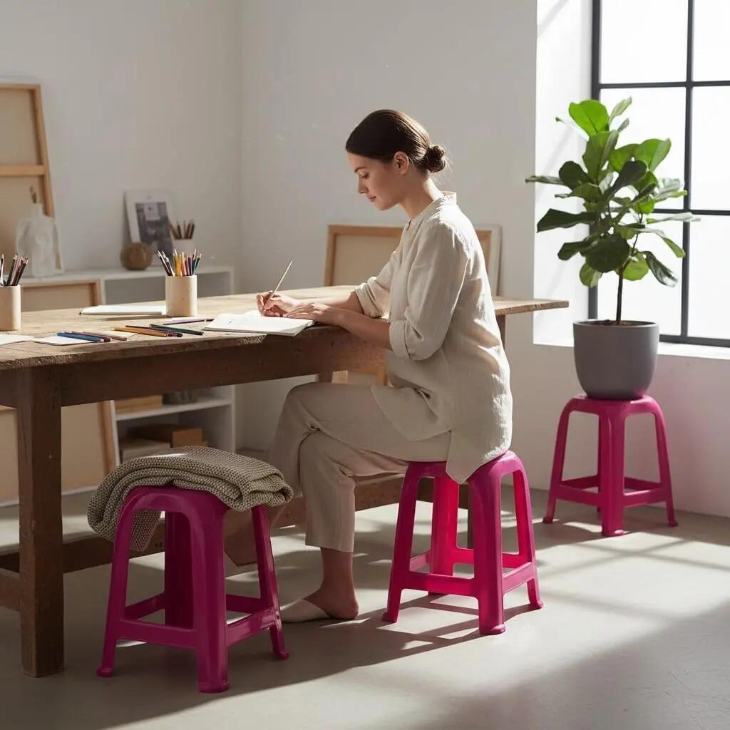 4X Taburete Silla de plástico Asiento apilable Banco jardín Camping  (Fuscia) 5/5