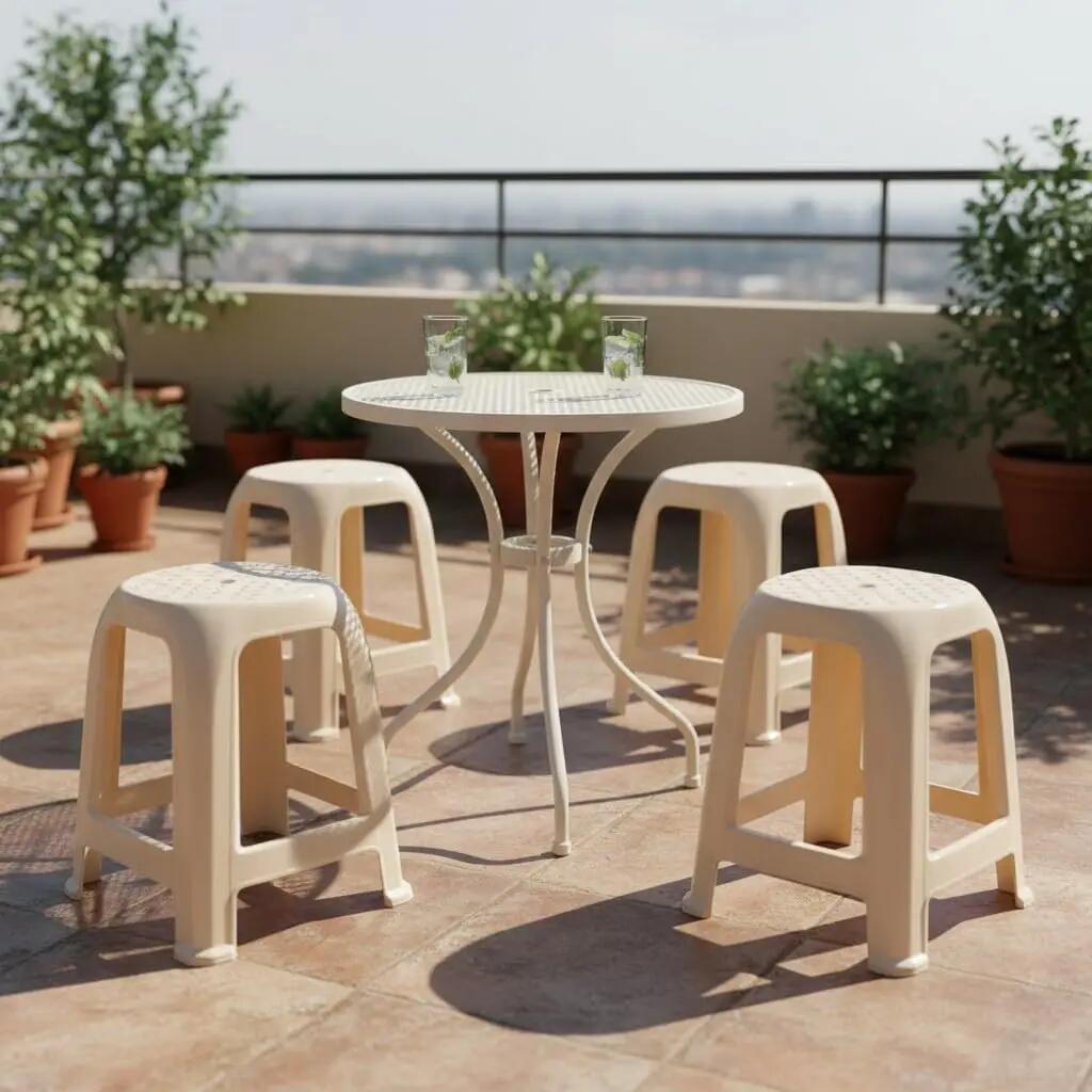 4X Taburete Silla de plástico Asiento apilable Banco jardín Camping  (4X Beige) 2/7