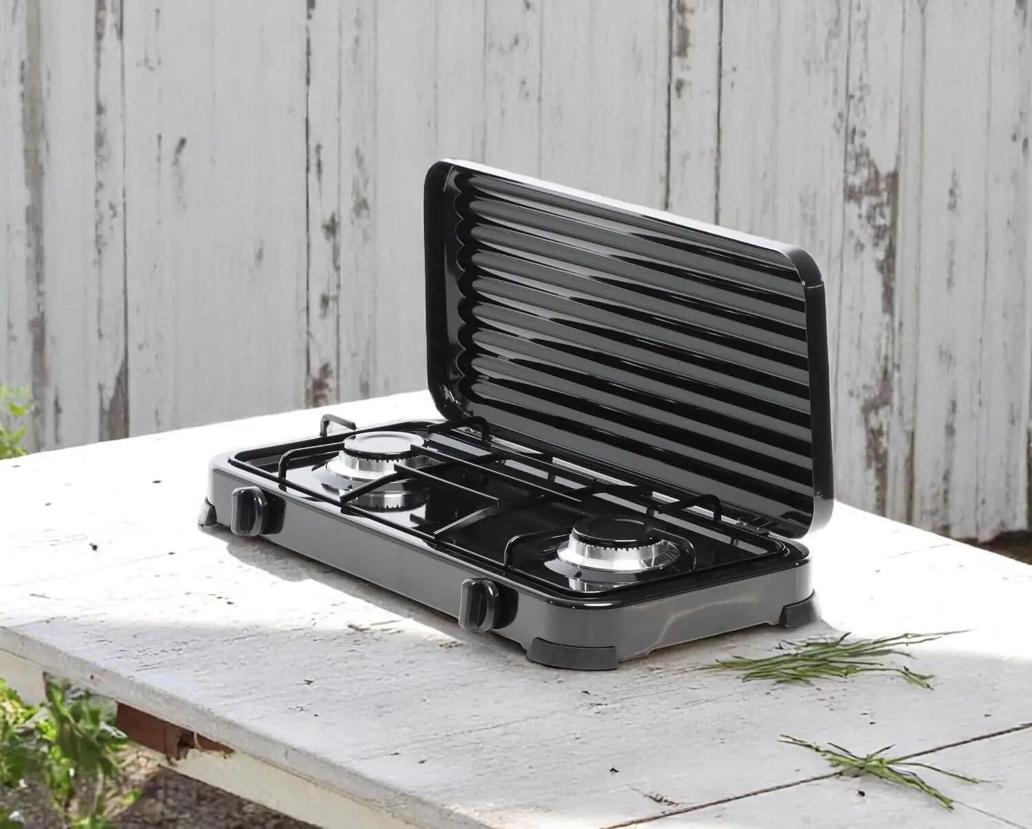 Cocina Hornillo de gas, 2 quemadores, 30 – 50 mbar, con tapa, manguera incluida 6/7