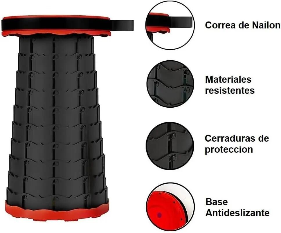 Taburete Plegable portátil para Camping, Altura Ajustable Redondo 180kg, Rojo 3/5