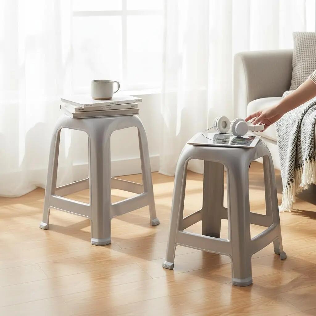 4X Taburete Silla de plástico Asiento apilable Banco jardín Camping  (4X Plata) 5/7