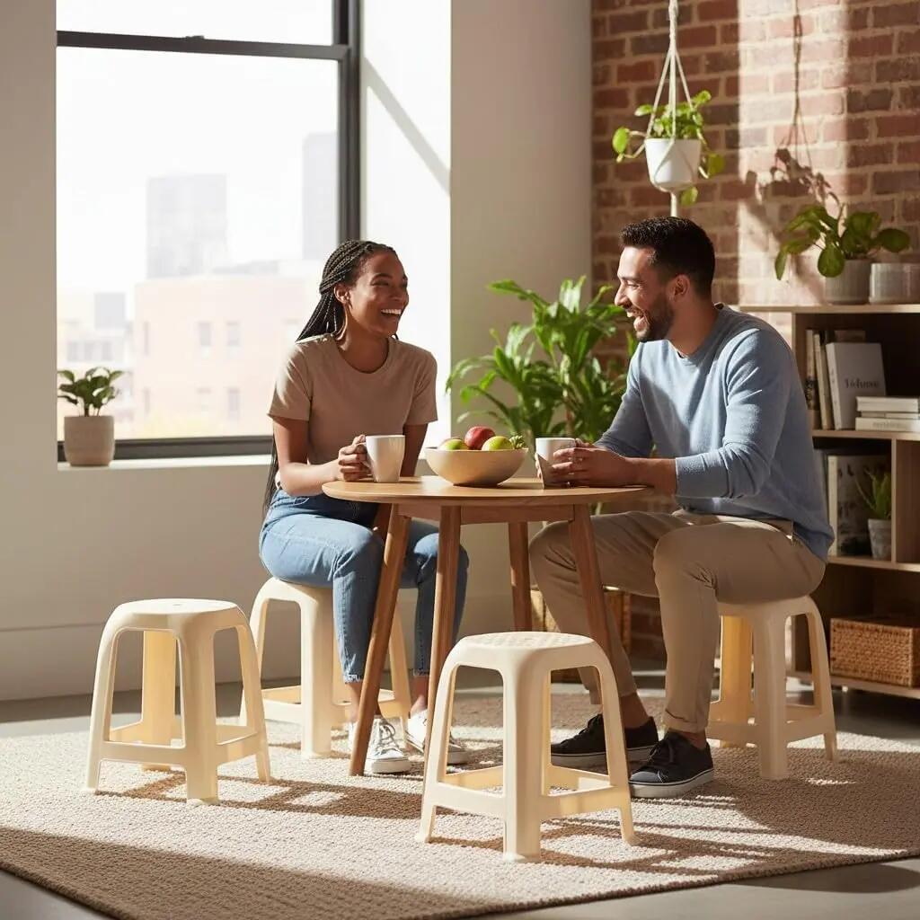 4X Taburete Silla de plástico Asiento apilable Banco jardín Camping  (4X Beige) 5/7