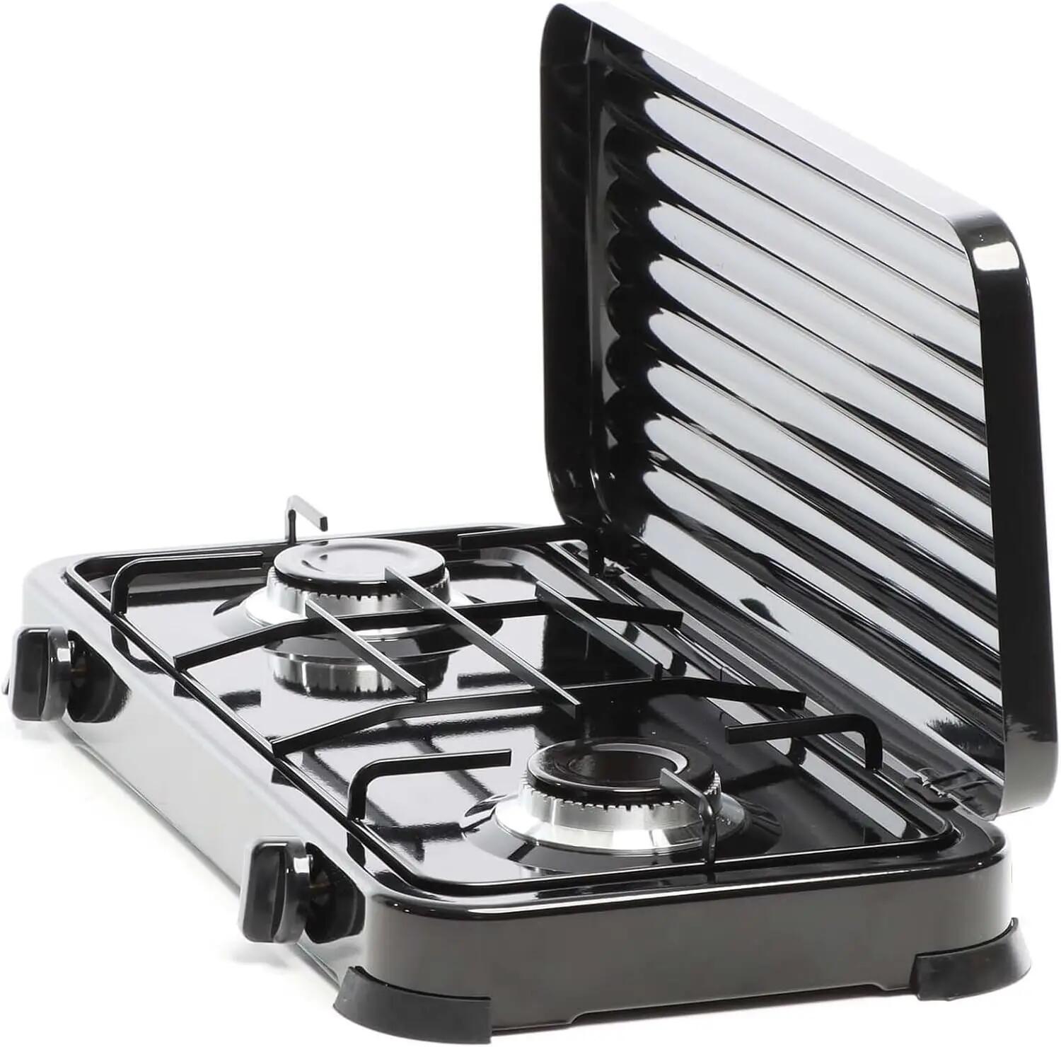 Cocina Hornillo de gas, 2 quemadores, 30 – 50 mbar, con tapa, manguera incluida 3/7
