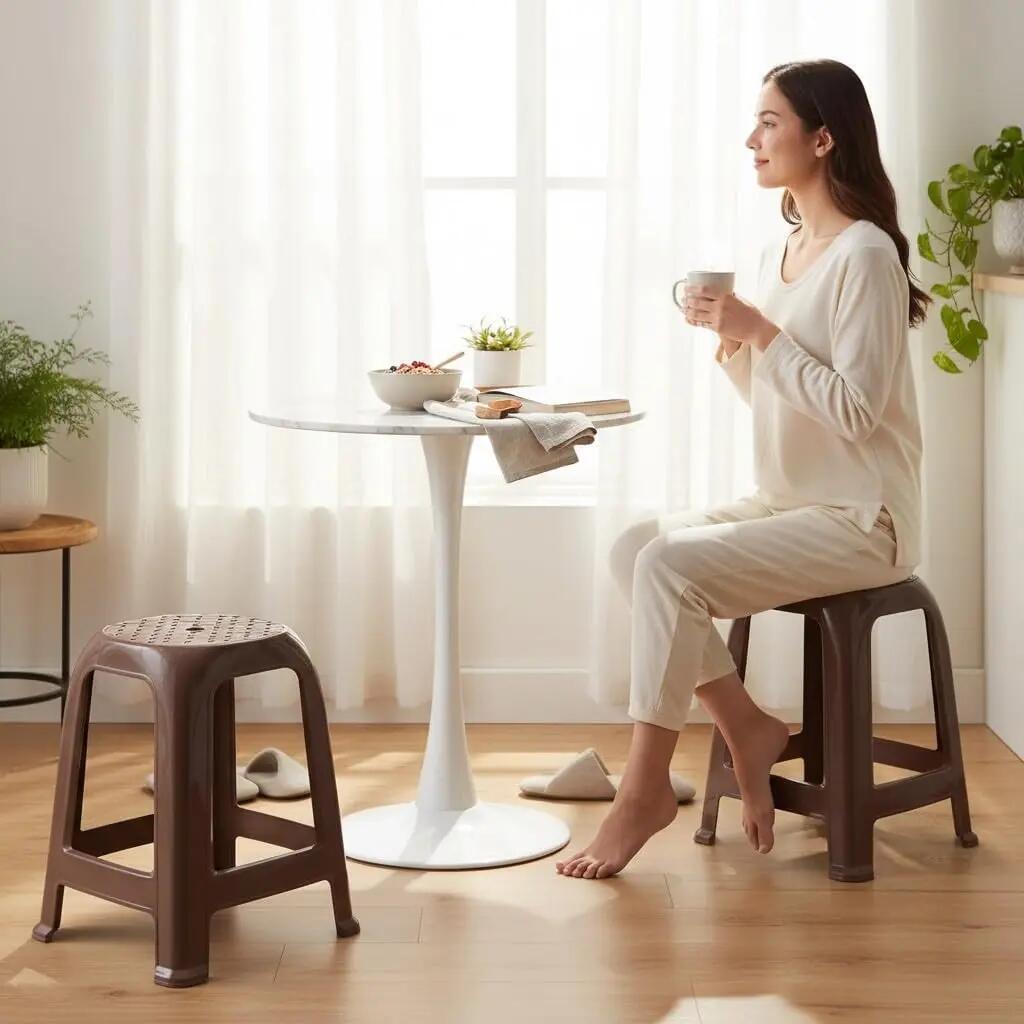 4X Taburete Silla de plástico Asiento apilable Banco jardín Camping  (Marron) 2/6