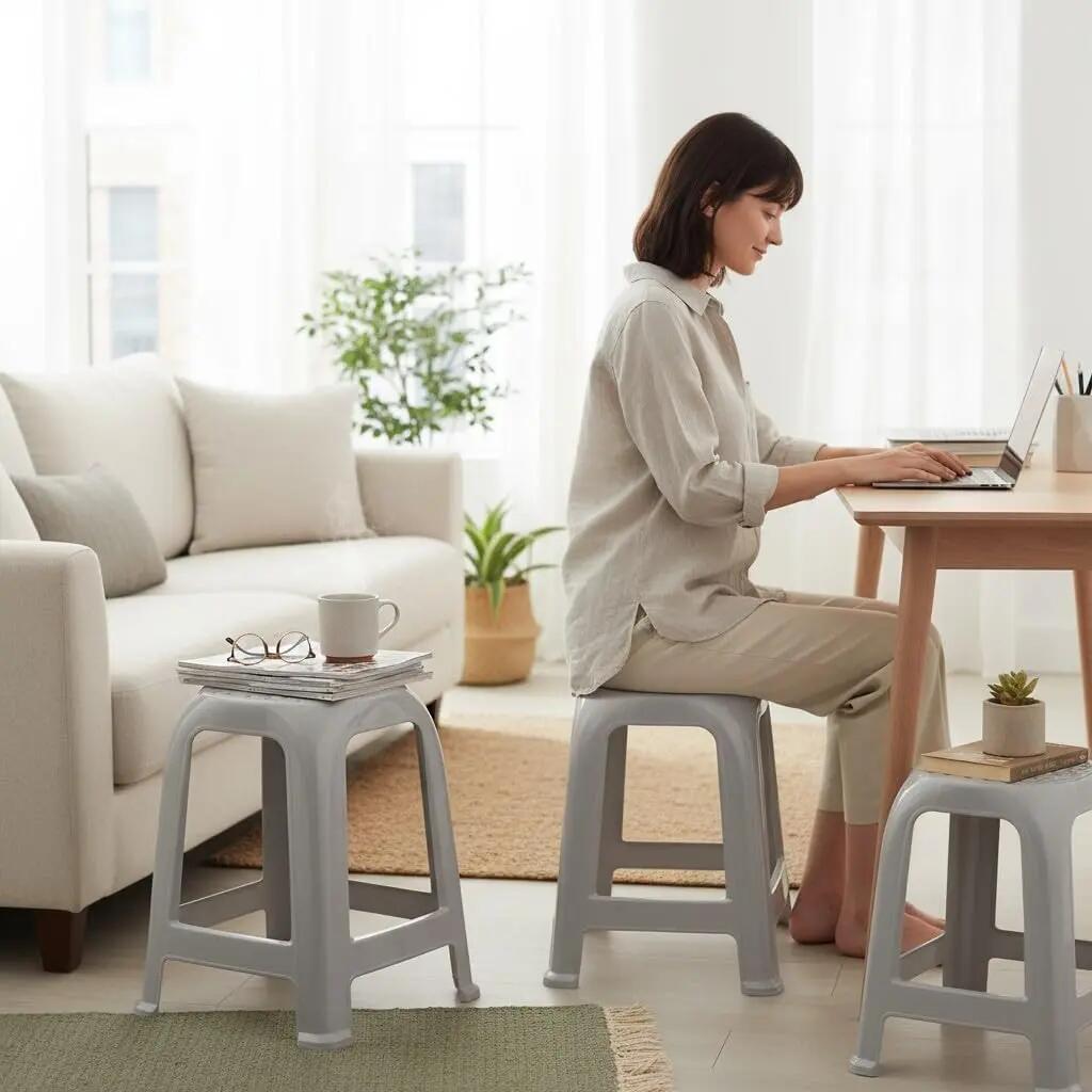 4X Taburete Silla de plástico Asiento apilable Banco jardín Camping  (4X Plata) 2/7