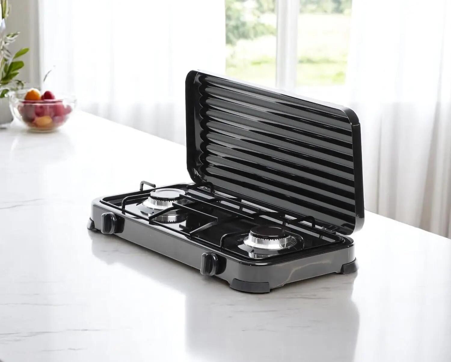 Cocina Hornillo de gas, 2 quemadores, 30 – 50 mbar, con tapa, manguera incluida 2/7