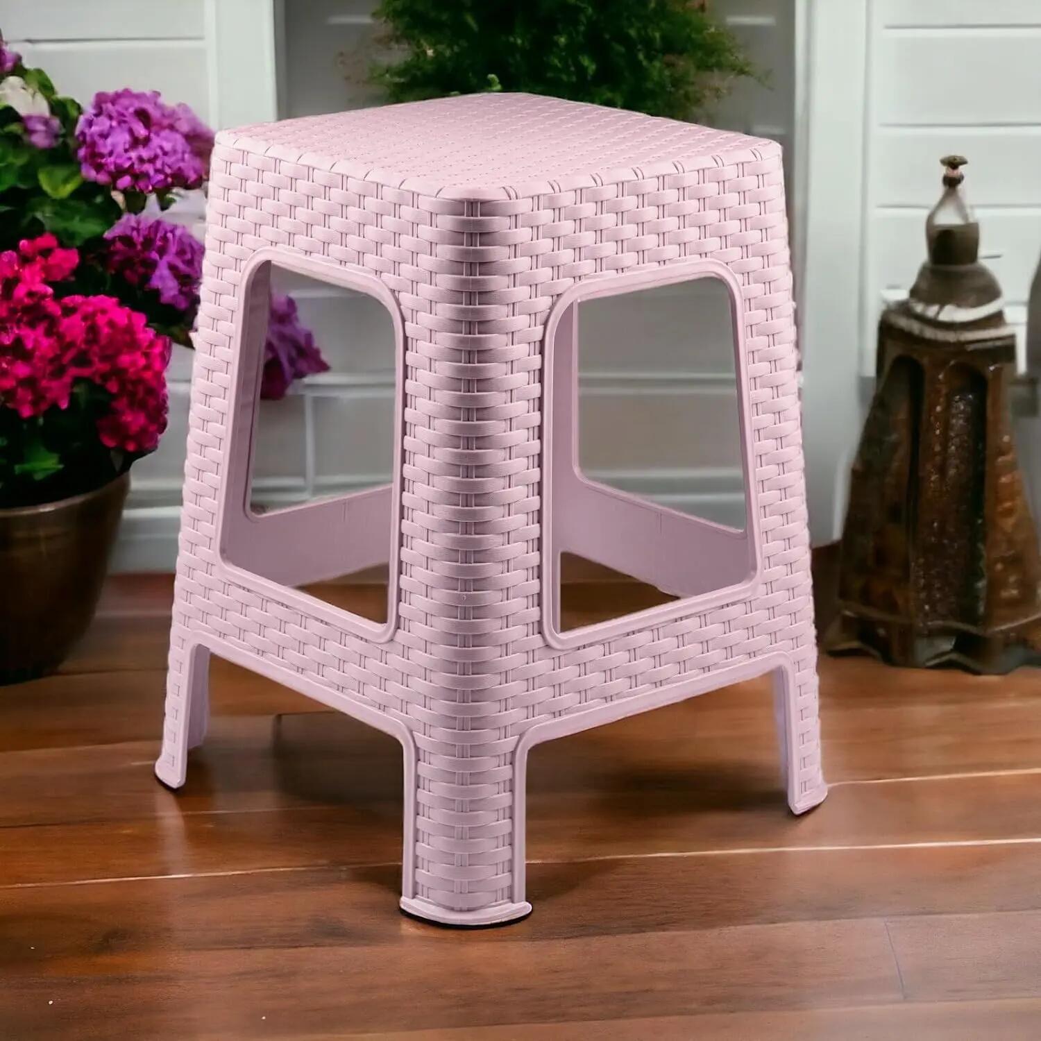 2X Taburete plástico ratán apilable para Interior y Exterior, 36x36x45cm (Rosa) 5/5